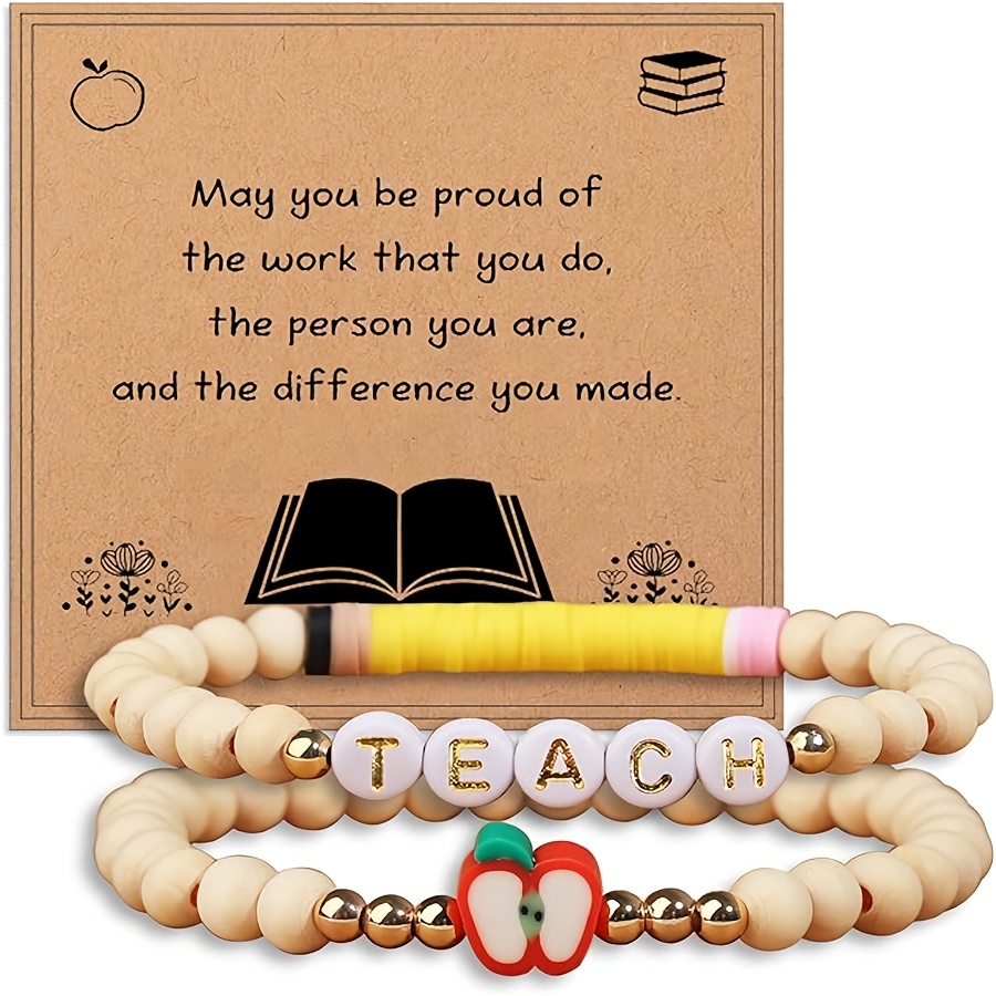 2pcs Boho Style Teacher Appreciation Bracelets Set with Inspirational TEACH Char
